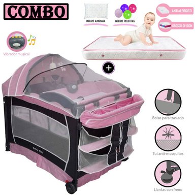 CUNA CORRAL BABY KITS VERONA ROSADO + COLCHÓN 4 ' ROSADO