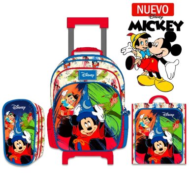 SET DE MOCHILA A4 CON RUEDAS LONCHERA Y CARTUCHERA MICKEY MOUSE