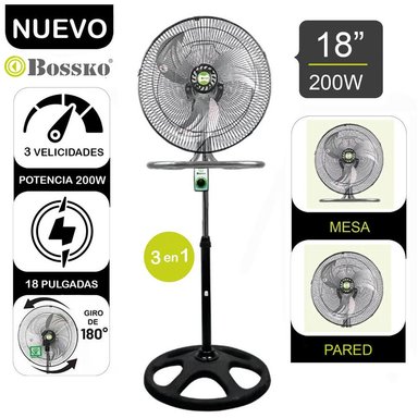 VENTILADOR DE PIE BOSSKO BK-8218VING 200 WATTS PEDESTAL 3 EN 1 18"