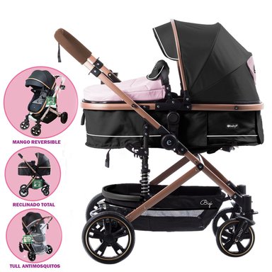 COCHE MOISES PARA BEBE BIGI CON MANGO REVERSIBLE ROSADO