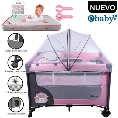 CUNA CORRAL EBABY CON CAMBIADOR HAPPY DREAM ROSADO+COLCHÓN