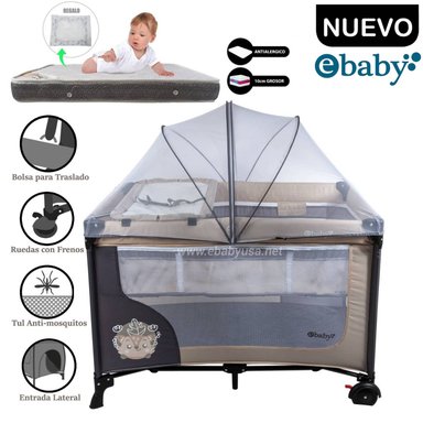 CUNA CORRAL EBABY CON CAMBIADOR HAPPY DREAM BEIGE + COLCHÓN