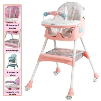 SILLA DE COMER EBABY PLEGABLE DOBLE BANDEJA LULU ROSA - MELÓN CON RUEDAS