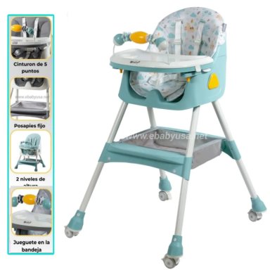 SILLA DE COMER EBABY PLEGABLE DOBLE BANDEJA LULU VERDE CON RUEDAS