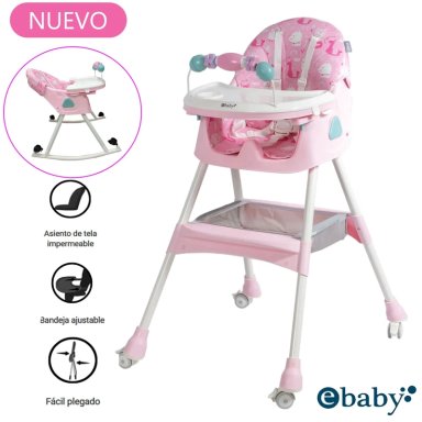 SILLA DE COMER EBABY ASIENTO RECLINABLE DALI ROSADO RUEDAS