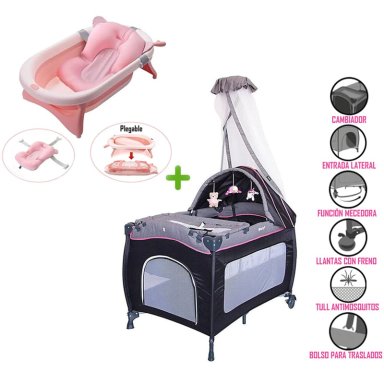 CUNA CORRAL MECEDORA SALLY 716 + TINA PLEGABLE ROSADO