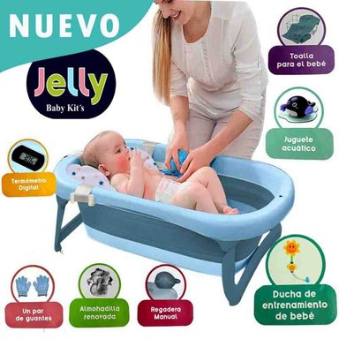BAÑERA TINA DE BAÑO PLEGABLE JELLY TERMÓMETRO 6 ACCESORIOS AZUL