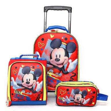 SET MALETA SCOOL MAGIC MED 3D MICKEY PILLOW ROJO