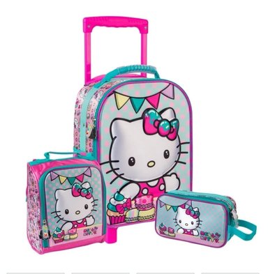 SET MALETA SCOOL MAGIC MED 3D SATIN HELLO KITTY VERDE JADE