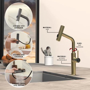LLAVE HILIVING GMD-LS3 GRIFERIA MONOMANDO DORADO GOLD COCINA CON 3 TIPOS CHORRO - 2