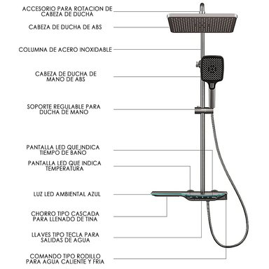COLUMNA DUCHA HILIVING SD-SPH5 GRIS 5 MULTICHORROS TECLAS PANTALLA DIGITAL LED 126 CM - 2