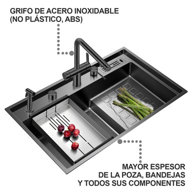 LAVADERO MULTIFUNCIONAL DE LUJO Y GRIFERIA DUAL DE ACERO INOXIDABLE 304 NEGRO CON DISEÑO ESCALONADO Y BANDEJAS 6 FUNCIONES