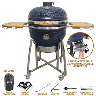 KAMADO GRANDE DE 26' AZUL MATE PREMIUM CON BANDEJA EXTRAIBLE PARA CENIZA Y HERRAMIENTAS