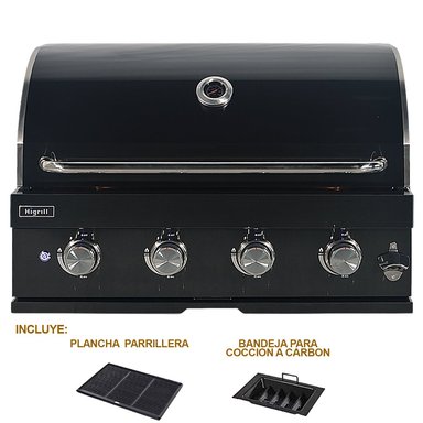 PARRILLA A GAS Y CARBON DE 4 QUEMADORES PARA EMPOTRAR DE ACERO INOXIDABLE NEGRO CON PLANCHA-GRILL DE HIERRO FUNDIDO