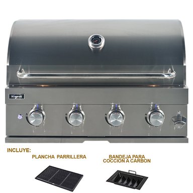 PARRILLA A GAS Y CARBON DE 4 QUEMADORES PARA EMPOTRAR DE ACERO INOXIDABLE CON PLANCHA-GRILL DE HIERRO FUNDIDO