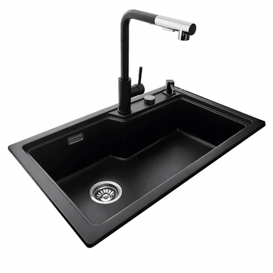 LAVADERO DE CUARZO NEGRO DE 75X47CM CON GRIFERÍA, CONTROL DE DRENAJE Y DISPENSADOR DE JABÓN O DETERGENTE LÍQUIDO