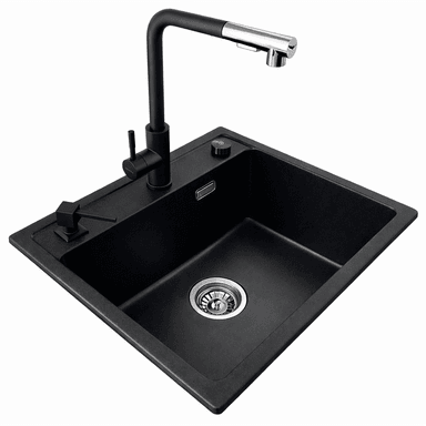 LAVADERO DE CUARZO NEGRO DE 56X47CM CON GRIFERÍA, CONTROL DE DRENAJE Y DISPENSADOR DE JABÓN O DETERGENTE LÍQUIDO