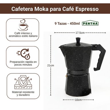 CAFETERA ITALIANA MOKA DE 9 TAZAS COLOR NEGRO DE 450 ML - 6