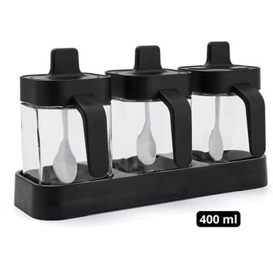 CONDIMENTERO PENTHA VIDRIO NEGRO ESPECIERO MÁS CUCHARITAS SET X3