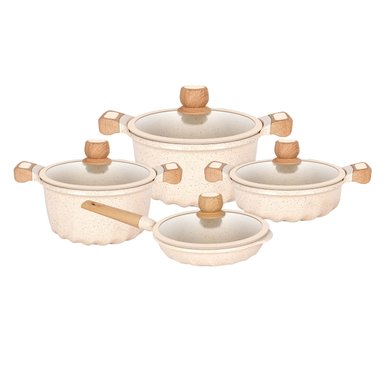 JUEGO DE OLLAS CREMA DE ROCA VOLCÁNICA 8 PIEZAS