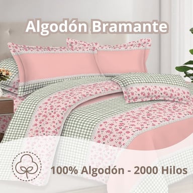 JUEGO DE SÁBANAS ALGODÓN 2PLAZAS 4 PIEZAS 2000 HILOS ROSA VERDE - 2