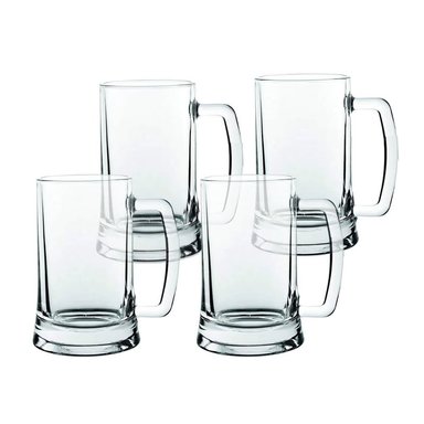 VASO CERVECERO DE VIDRIO CON ASA 490ML SET DE 4 TAZAS TRANSPARENTES