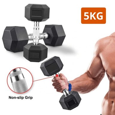 MANCUERNA PESA HEXAGONAL CROMADA Y DE CAUCHO 5 KG 2 PIEZAS