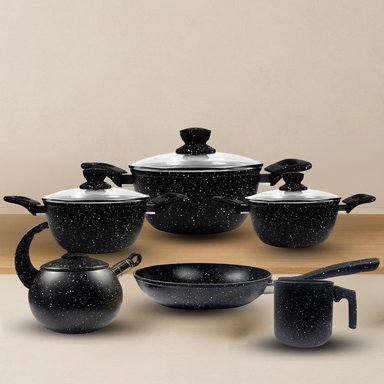JUEGO DE OLLA GRANITO VOLCÁNICO ANTIADHERENTE Y LIVIANA POR 10 PZS NEGRO