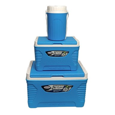 SET HIELERA THERMO WAGON 14L + 5L + 1.5L – FRESCURA PORTÁTIL AZUL