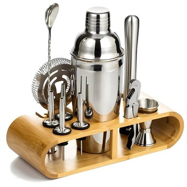 SET DE COCTELERÍA 12 PZS ACERO INOXIDABLE CON BASE DE BAMBÚ