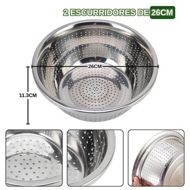 CESTO COLADOR DE COCINA DE ACERO INOXIDABLE DE 26CM DE 2 PZS - 4