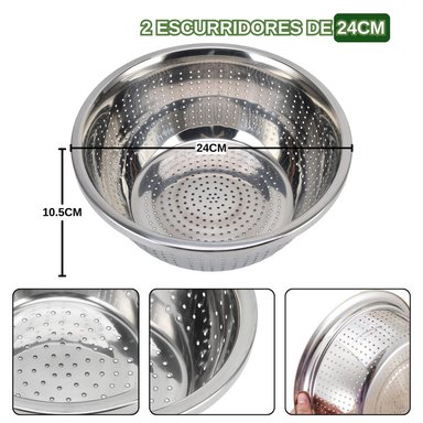 CESTO COLADOR DE COCINA DE ACERO INOXIDABLE DE 24CM DE 2 PZS - 4