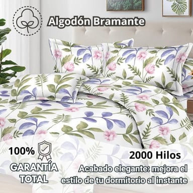 JUEGO DE SÁBANAS 100% SUAVE ALGODÓN 2PLAZAS 4 PIEZAS 2000 HILOS FLORAL ACUARELA - 2