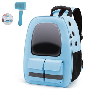 MOCHILA PARA MASCOTAS CON CEPILLO QUITA PELOS CELESTE