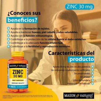SUPLEMENTO MASON NATURAL ZINC 30MG ELEVA DEFENSAS 100 TABLETAS - 3