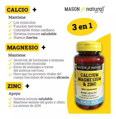 SUPLEMENTO MASON NATURAL CALCIO MAGNESIO ZINC HUESOS FUERTES 100 TABLETAS - 3