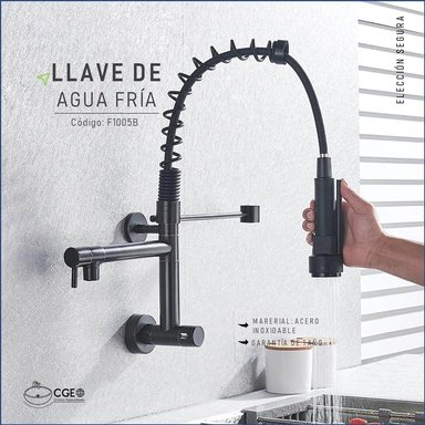 GRIFERÍA PARA COCINA RESORTE A LA PARED EN NEGRO MATE - 4