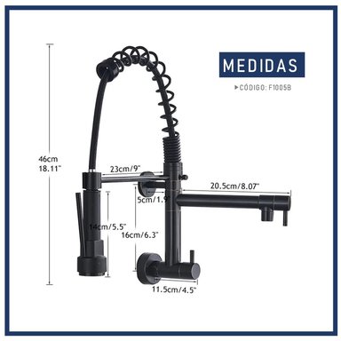 GRIFERÍA PARA COCINA RESORTE A LA PARED EN NEGRO MATE - 6