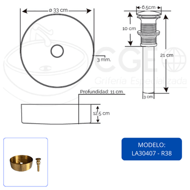 LAVAMANOS XM LA30407-R38 BOWL CIRCULAR ACERO CON DESAGUE DORADO - 6