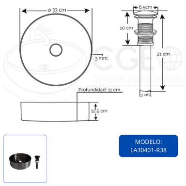 BOWL CIRCULAR DE ACERO CON DESAGUE NEGRO LA30401-R38 - 5