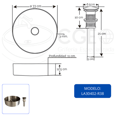 BOWL CIRCULAR DE ACERO CON DESAGUE SATINADO LA30402-R38 - 5