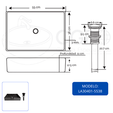 LAVADERO RECTANGULAR DE ACERO CON DESAGUE NEGRO LA30401-5538 - 5