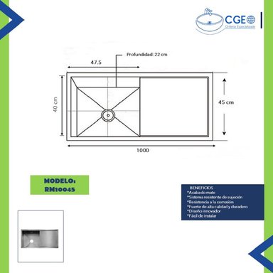 LAVADERO DE COCINA ACERO 1P CON ESCURRIDOR 100X45 CM - 3