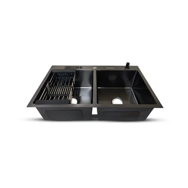 LAVADERO DE COCINA DE ACERO DOS POZAS CON PORTACUCHILLOS NEGRO PRM-8448