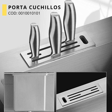 LAVADERO DE COCINA DE ACERO 2 POZAS CON PORTA CUCHILLOS PLOMO PRM-8448 - 3