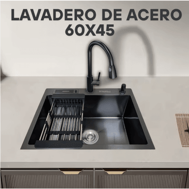 LAVADERO DE COCINA ACERO CON PORTA CUCHILLO NEGRO PRM-6045B - 2