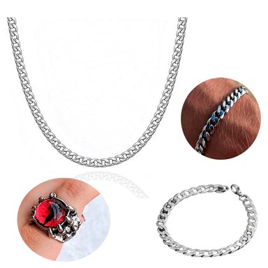 CADENA , PULSERA Y ANILLO OJO DE DRAGON ACERO INOXIDABLE 8MM