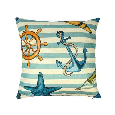 VERANO - FUNDA DE COJÍN DE 43×43 – DISEÑO FIGURAS NÁUTICAS Y FRANJAS