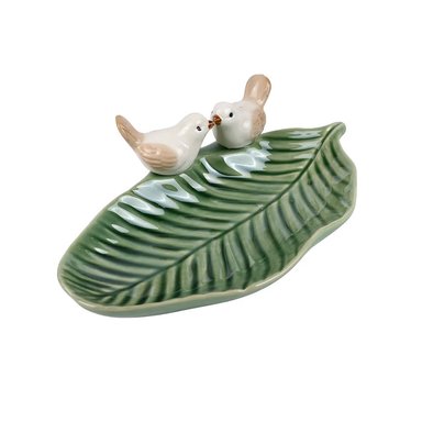 SAN VALENTIN - BANDEJA DE PORCELANA DISEÑO HOJA CON AVES VERDE