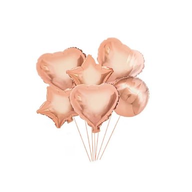 SAN VALENTIN - BOUQUET DE 06 GLOBOS - ESTRELLAS, CORAZONES Y CÍRCULOS - DORADO ROSA